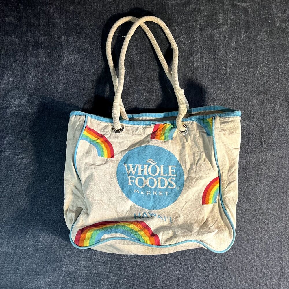 Rare Tag Aloha Co Whole Foods Market Hawaii Rainbow print Tote Bag Kailua Rope